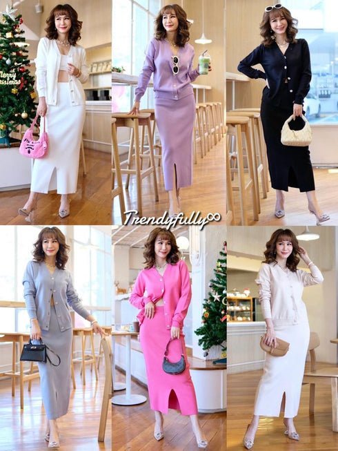 Women Long Sleeve v-Neck Cardigan With Slit Skirt Set